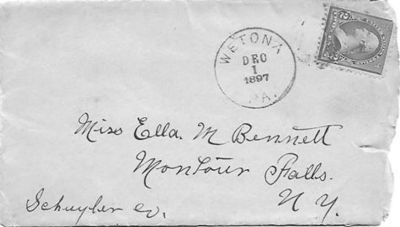 Ella M. Bennett Letter

This Letter was shared by Annette Ponto.

This Letter was Sent to Miss Ella M. Bennett, Montour Falls, New York in 1897.

The Letter is discussing a Possible Elopement.

The Envelope of the Letter.
