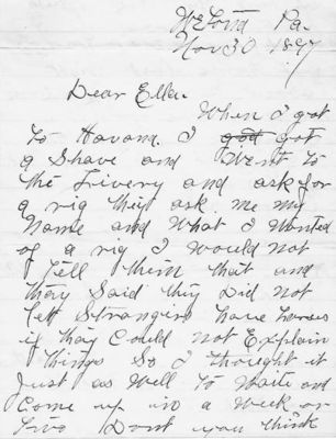 Ella M. Bennett

This Letter was shared by Annette Ponto.

This Letter was Sent to Miss Ella M. Bennett, Montour Falls, New York in 1897.

The Letter is discussing a Possible Elopement.

Page 1 of Letter. 
