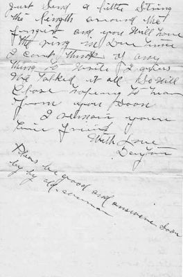 Ella M. Bennett

This Letter was shared by Annette Ponto.

This Letter was Sent to Miss Ella M. Bennett, Montour Falls, New York in 1897.

The Letter is discussing a Possible Elopement.

Page 4 of Letter.
