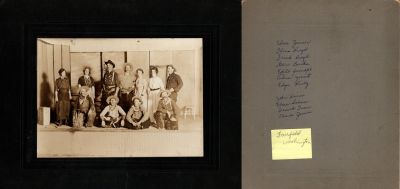 Theater Play in Fairfield Washington

This was Donated by Cheryl Webber/The Terry Girls Genealogy.

This photo mounted on board states: "Edna Zenner, Flora Riegel, Frank Riegel, Glen Burke, Edith Proudfit, Adna Younot, Edgar Reilly, John Service, Elmer Schoar, Frank ___? & Charles Zenner, Fairfield, Washington
