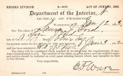 Levi Jefferson Ford

THIS HAS BEEN RETURNED TO FAMILY

Pension Papers for Levi Jefferson Ford.
