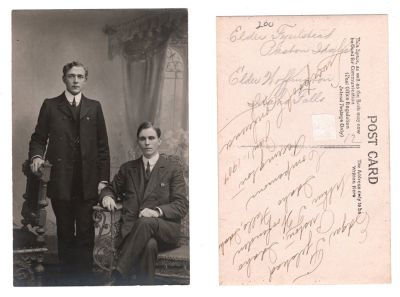 Arthur Thomas Woffinden & Edgar Niels Fjelstead
This was Donated by Cheryl Webber/The Terry Girls Genealogy

This Real Photo Postcard (RPPC) states:

"Edgar Fjelstead
﻿Preston, Idaho
Arthur T. Woofenden
Idaho Falls, Idaho
﻿Companions
Accrington
Jan 1, 1907
Liverpool Conference

Elder Fejerlstead
Preston, Idaho
Elder Woffington
Idaho Falls, Idaho"

NOTE: THE NAMES ARE MISSPELLED.
The seated man is Arthur Thomas Woffinden (1882-1918). The standing man is Edgar Niels Fjelsted (1885-1959).
