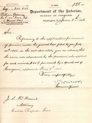 William Delaney 

This was Donated by Mary Muhlfeld.

Civil War Pension Papers for William Delaney.

