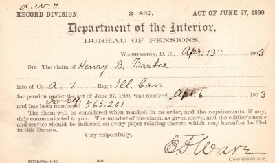 Henry B. Barber

This was Donated by Mary Muhlfeld

Civil War Document for Henry B. Barber
