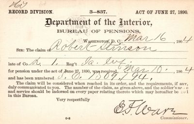 Robert Stinson 
This was Donated by Mary Muhlfeld

Civil War Document for Robert Stinson.

NOTE: Company A of the 1st Regiment, Iowa Infantry was enrolled in Muscatine County in 1861. The 1st Regiment, Iowa Infantry was a Union Army infantry regiment that served in the American Civil War. The regiment was organized in Keokuk and mustered in on 14 May 1861 after President Abraham Lincoln called for 75,000 volunteer soldiers in April 1861. The regiment's experience during the Civil War included: Action at Forsyth on 22 July, Dug Springs on 2 August, and Battle of Wilson's Creek on 10 August.


