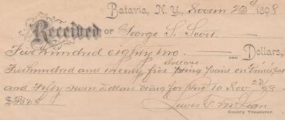 George L. Scott

Receipt for Mortgage For George L. Scott.

Dated November 23 1898,
Batavia, New York.
