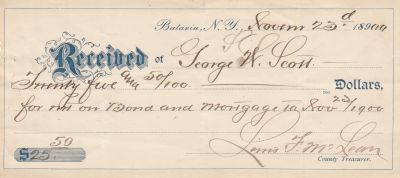 George W. Scott

Receipt for Mortgage For George W. Scott.

NOTE: (The middle initial is different but this was found with the other receipts for George L. Scott)

Dated 23 November 1899, Batavia, New York.
