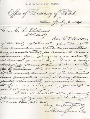 Col. Anson Sprague Wood

This letter was written on State of New York Secretary of State Stationary and was signed by the Deputy Secretary Anson S. Wood. Wood is writing the RNC to recommend one G. F. Wiltrie for a clerkship (presumably at Republican Headquarters). Wood has had included his business card. Looking for a descendant to return this too.
