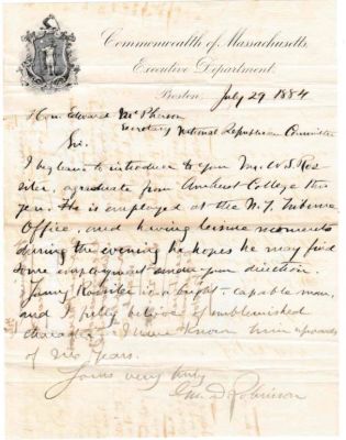 George Dexter Robinson

THIS HAS BEEN RETURNED TO FAMILY

This Letter was Written on Commonwealth of Massachusetts Executive Department Stationary & recommends a Mr. Rossiter for employment with the RNC. This recommendation was certainly taken seriously as its author, George Dexter Robinson was the Governor of Massachusetts. While he served as Governor 3 times, his most interesting achievement was defending Lizzie Borden, The infamous axe murderer.

The Letter was Written on 29 July 1884.

