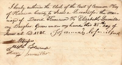 David Finnicum & Mary Elizabeth Lowmiller Marriage License

THIS HAS BEEN RETURNED TO FAMILY

This was Donated by a Anonymous Donor.

Authorization for the Clerk of the Common Plea of Harrison County to issue a Marriage License for David Finnicum & Mary Elizabeth Lowmiller. Date of request is 28 June 1828.
