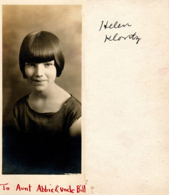 Helen Klontz

THIS HAS BEEN RETURNED TO FAMILY

The Front of this Photo States: "To Aunt Abbie & Bill"

The Back of this Photo States: "Helen Klontz"
