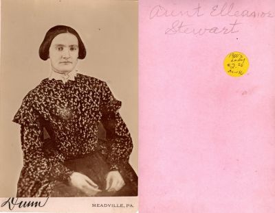 Elleanor Stewart

This was Donated by Cheryl Webber/The Terry Girls Genealogy.

This Cabinet Card Photo States: "Aunt Elleanor Stewart"

The Photographers name is "Dunn", Meadville, Pennsylvania
