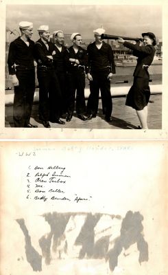  Don Helbert, Ralph Duman, Oren Jarbox, Robert D. Rome Sr., Don Baller & Betty Bender

THIS HAS BEEN RETURNED TO FAMILY

This was Donate by Elaine Swan.

This Photo States: "Seaman Betty Bender, SPARS. WW2.

(Left to Right)
1. Don Helberg
2. Ralph Duman
3. Oren Jarbox
4 Me, Robert D. Rome Sr.
5. Don Baller
6. Betty Bender, "SPARS"

