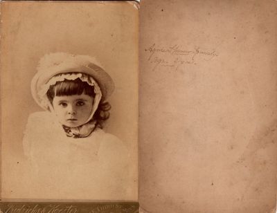 Agnes Spancer Kennedy

This was Donated by Cheryl Webber/The Terry Girls Genealogy.

This Cabinet Card Photo States: "Agnes Spancer Kennedy, Age 2---2 years"

The Photographers name is "Fredericks & Koester", St. Paul, Minnesota.
