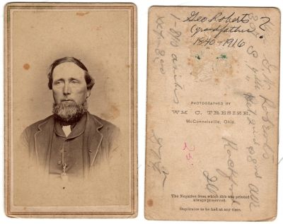 Click to view full size image
==============
Geo. W. Roberts
This was Donated by Cheryl Webber/The Terry Girls Genealogy.
This CdV Photographer states: "Geo. Roberts (grandfather) 1840-1916?.
G. W. Roberts S. 7th Bet. 2nd & 8th Ave, Rockford, Illinois."
The Photographers name is "Wm. C. Tresize", McConnelsville, Ohio.
Geo. W. Roberts
This was Donated by Cheryl Webber/The Terry Girls Genealogy.
This CdV Photographer states: "Geo. Roberts (grandfather) 1840-1916?.
G. W. Roberts S. 7th Bet. 2nd & 8th Ave, Rockford, Illinois."
The Photographers name is "Wm. C. Tresize", McConnelsville, Ohio.