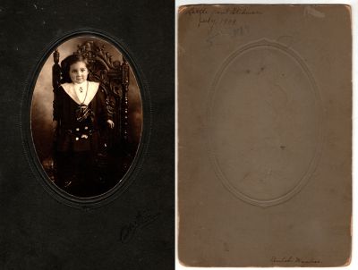 Francis P. Stedman Sr.

THIS HAS BEEN RETURNED TO FAMILY

This was Donated by Cheryl Webber/The Terry Girls Genealogy.

This photo mounted on board states: "Little Paul Stedman, July 1909"

In the lower right corner on the back it states: "Beulah Wanless"

The Photographers name is "Cutberth", Oakland, California
