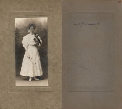 Mary Russell

This was Donated by Cheryl Webber/The Terry Girls Genealogy.

This photo mounted on board states: "Mary Russell"

The Photographers name is "Frank Hill", Sabetha, Kansas

