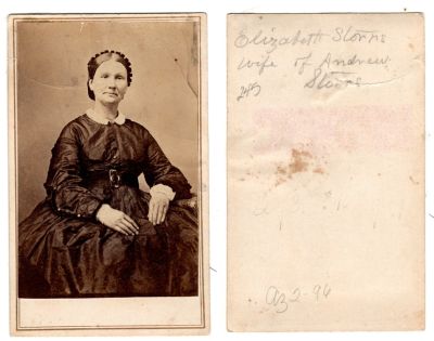 Elizabeth B. Gamberton Storrs

This was Donated by Cheryl Webber/The Terry Girls Genealogy.

This CdV Photograph States: "Elizabeth Storrs, wife of Andrew"
