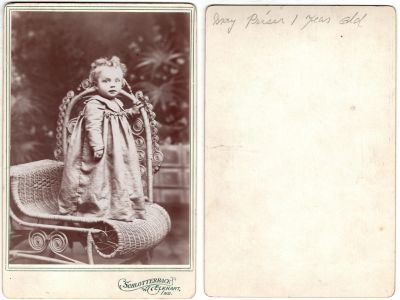 Mary Priser

This was Donated by Cheryl Webber/The Terry Girls Genealogy.

This Cabinet Card Photo States: "May Priser, 1 year old"

The Photographers name is "Schlotterback", Elkhart, Indiana
