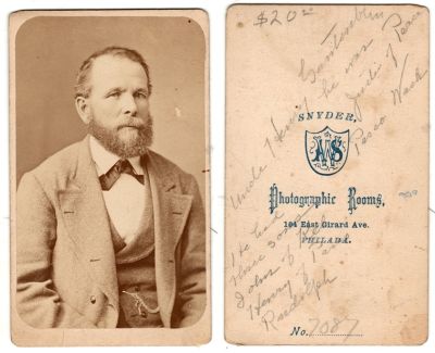 Henry Avery Gantenbein

THIS HAS BEEN RETURNED TO FAMILY

This was Donated by Cheryl Webber/The Terry Girls Genealogy.

This CdV Photograph States: "Uncle Henry Avery Gantenbein. He was Justice of Peace, Pasco, Washington. He had three sons, John of Kelso, Henry of Pasco & Rudolph."

The Photographers name is "Snyder", Philadelphia, Pennsylvania.
