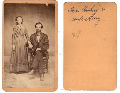 Tom & Lucy Cooley

This was Donated by Cheryl Webber/The Terry Girls Genealogy.

This CdV Photograph States: "Tom Cooley & wife Lucy"

