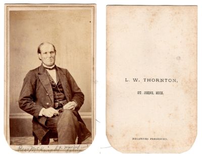 Rev. McKnight

This was Donated by Cheryl Webber/The Terry Girls Genealogy.

This CdV Photograph States: "Rev. McKnight married Sylvia Arnt?"

The Photographers name is "L. W. Thornton", St. Johns, Michigan.
