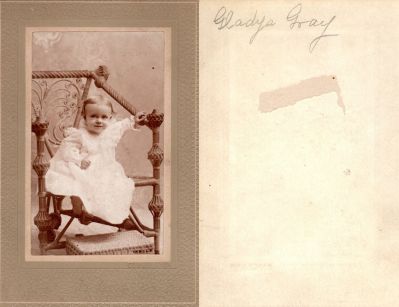 Gladys Gray

This was Donated by Cheryl Webber/The Terry Girls Genealogy.

This photo mounted on board states: "Gladys Gray"

It is unknown if Copeland is the Photographer or the City in which this was taken.
