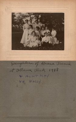 Daughters of Grace Picnic, Ottawa Park, 1908

This photo mounted on board states: "Daughters of Grace Picnic at Ottawa Park, 1908. * Aunt May, **Dolly"

