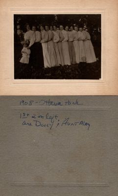Daughters of Grace Picnic, Ottawa Park, 1908

This photo mounted on board states: "1908, Ottawa Park. 1st & 2nd of left, are Dolly & Aunt May"
