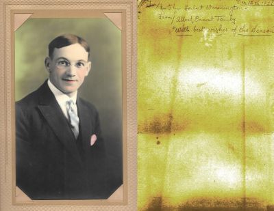 Albert Ernest Temby

THIS HAS BEEN RETURNED TO FAMILY

This Photo States: "For Mr. & Mrs. Herbert Warmington From: Albert Ernest Temby with Best Wishes of the Season." The photo is dated "12 December 1922". Albert Ernest Temby was born on 5 April 1889 in Camborne, Cornwall, England. He arrived at N.Y. Harbor on 23 June 1907, destination listed as Cochise County, Arizona. He was married to Mrs. J.W. Draper on 12 August 1916 in Cochise County. Mr. Temby was a miner in the Tombstone and Bisbee, Arizona area.
