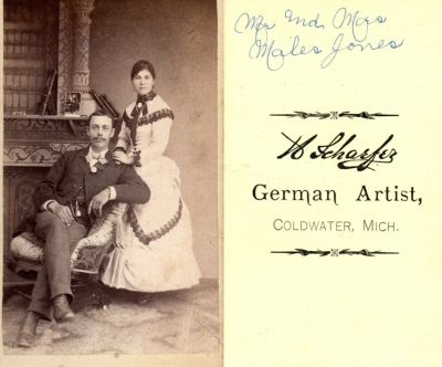 Mr. & Mrs. Males? Jones

This was Donated by Cheryl Webber/The Terry Girls Genealogy.

This CdV Photograph states: "Mr. & Mrs. Males? Jones"

The Photographers name is "German Artist", Coldwater, Michigan.
