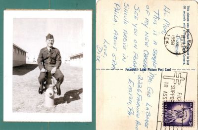 Click to view full size image
==============
Richard Moyer "Dick" LaBarre
This was Donated by Cheryl Webber/The Terry Girls Genealogy.
This postcard photo states: "Hi Mom, This is a sample of my new camera. See you on Friday. Should arrive in Phila. about 5 p.m.
Love Dick"
It is addressed to Mrs. Geo. LaBarre, 2226 Fairview Ave., Easton, Pennsylvania
Richard Moyer "Dick" LaBarre
This was Donated by Cheryl Webber/The Terry Girls Genealogy.
This postcard photo states: "Hi Mom, This is a sample of my new camera. See you on Friday. Should arrive in Phila. about 5 p.m.
Love Dick"
It is addressed to Mrs. Geo. LaBarre, 2226 Fairview Ave., Easton, Pennsylvania