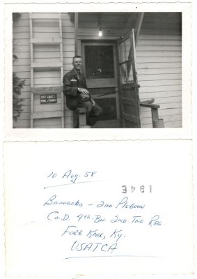 Richard Moyer "Dick" LaBarre

This was Donated by Cheryl Webber/The Terry Girls Genealogy.

This Photo States: "10 August 1958. Barracks--2nd Platoon, Co. D, 4th Bn, 2nd Tng Reg. Fort Knox, KY. USATCA"
