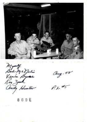 Richard Moyer "Dick" Labarre, Bob McNelis, Vince Byr__?, Ron Zook & Andy Hunter

This was Donated by Cheryl Webber/The Terry Girls Genealogy.

This Photo States: "Myself, Bob McNelis, Vince Byr__?, Ron Zook & Andy Hunter, August 1958, P.X. #5"

