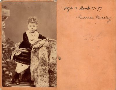 Gussie Greeley

This was Donated by Cheryl Webber/The Terry Girls Genealogy.

This photo mounted on board states: "Age 4. 17 March 1877. Gussie Greeley"

