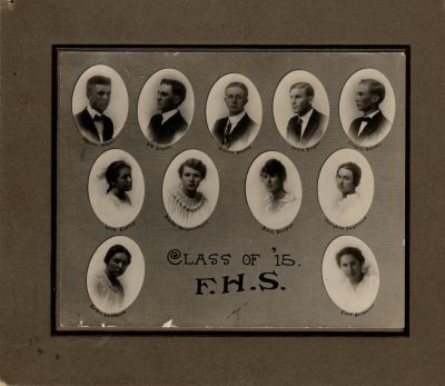 Fairfield High School, Fairfield, Washington, 1915

This was Donated by Cheryl Webber/The Terry Girls Genealogy.

This photo mounted on board states: "Class of '15"
Top Row left to right: Charles Adams, William Dixon, Marvin Whaley, Irvin Riegel, Edward Doepke.
Middle Row left to right: Lora Ensley, Martha Rieffenberger, Bessie Burpee, Josephine Smallwood
Bottom Row, left to right: Nettie Smallwood, Elsie Gerhauser

