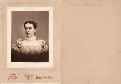 Nettie Merring

THIS HAS BEEN RETURNED TO FAMILY

This photo mounted on board states: "Nettie Merring"

The Photographer Name is "Frey", Scranton, Pennsylvania.
