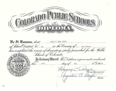 Lucille Nora Vigill

This was Donated by Jessica Quiroz.

Colorado Public Schools Diploma, Lucille Nora Vigil, 29 May 1956.

