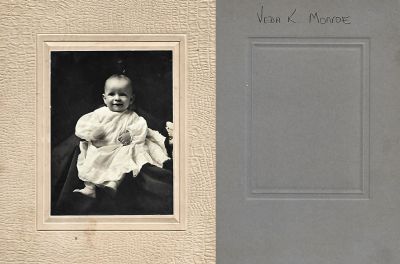 Veda K. Monroe

This was Donated by Jessica Quiroz.

This photo mounted on board states: "Veda K. Monroe"
