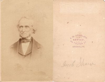 Jacob Shaver

This was Donated by Cheryl Webber/The Terry Girls Genealogy.

This CdV Photograph States: "Jacob Shaver"

The Photographers name is "E. M. Douglass, 324 Fulton St., Brooklyn, New York

