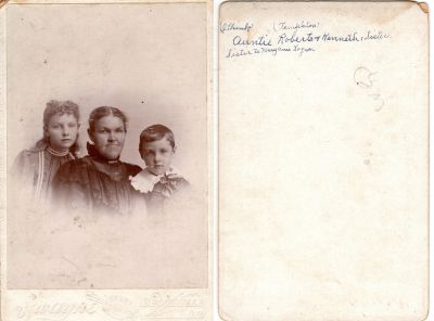 Margaret Ellen Templeton Roberts, W. Kenneth Roberts & Henrietta Roberts

THIS HAS BEEN RETURNED TO FAMILY

This was Donated by Cheryl Webber/ The Terry Girls Genealogy.

This Cabinet Card Photo States: "(I think Templeton). Auntie Roberts & Kenneth & Sister. Sister to Maryann Logan"

The Photographers name is "Swayne?", Brookville, Indiana.
