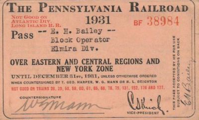 E. H. Bailey

THIS HAS BEEN RETURNED TO FAMILY

This was a Pennsylvania Railroad Pass for E. H. Bailey in the year of 1931.

