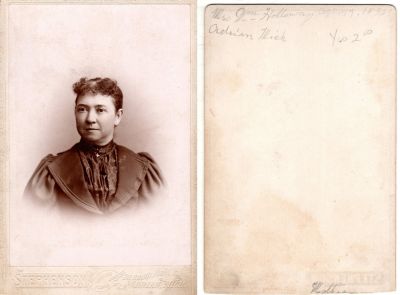 Mrs. William Holloway

This was Donated by D. Troup

This Cabinet Card Photo States: "Mrs. Wm. Holloway, Adrian, Michigan, Age 47, 1895"

The Photographers name is "Stephenson, Adrian, Michigan
