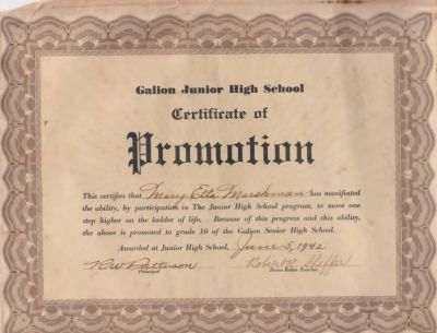Mary Etta Marshman

THIS HAS BEEN RETURNED TO FAMILY

This is Mary Etta Marshman's Galion Junior High School Graduation Certificate. Date of Graduation is 5 June 1942.

