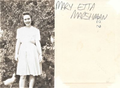 Mary Etta Marshman

THIS HAS BEEN RETURNED TO FAMILY

This photo states: "Mary Etta Marshman."
