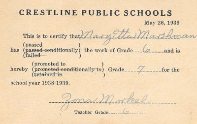 Mary Etta Marshman

THIS HAS BEEN RETURNED TO FAMILY

This School Certificate is for Mary Etta Marshman passing 6th Grade into 7th Grade. Crestline Public Schools, 26 May 1939.
