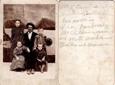 Benjamin Nelson Fankersley & James Milo Fankersley, Amber Fankersley, Bertha M. Fankersley & Namon Elbert Fankersley

This was Donated by Cheryl Webber/The Terry Girls Genealogy.

This Cabinet Card Photo States: "My Aunt Sarah 's husband & children. Ben Frankersley. The Children's names are Mill, Amber, Bertha & Namon"
