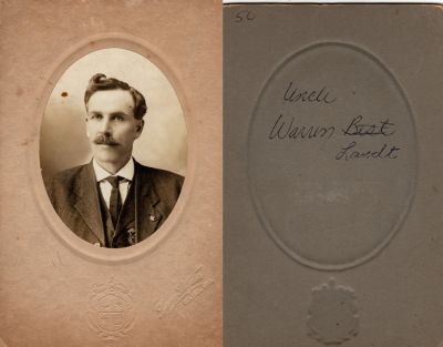 Warren S. Landt

THIS HAS BEEN RETURNED TO FAMILY

This was Donated by Cheryl Webber/The Terry Girls Genealogy.

This photo mounted on board states: "Warren Landt"

The Photographers name is "Snyder", Colfax, Wisconsin
