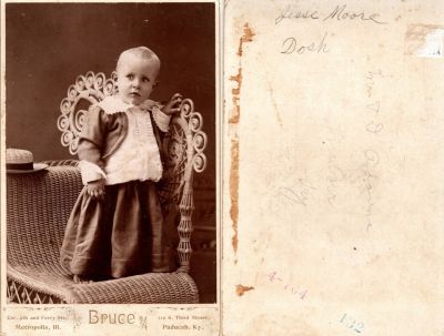 Click to view full size image
==============
Jessie Moore Dosh
This was Donated by Beth McMahon
This Cabinet Card Photo States: "Jesse Moore Dosh"
It also states "From J. D. Ad----?, Milner, Kentucky
The Photographers name is "Bruce", Paducah, Kentucky
Jessie Moore Dosh
This was Donated by Beth McMahon
This Cabinet Card Photo States: "Jesse Moore Dosh"
It also states "From J. D. Ad----?, Milner, Kentucky
The Photographers name is "Bruce", Paducah, Kentucky