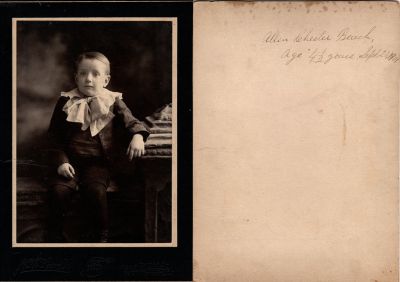 Allen Chester Beach

This was Donated by Cheryl Webber/The Terry Girls Genealogy.

This photo mounted on board states: "Allen Chester Beach, age 4 1/2 years, 20 September 1901"

The Photographers name is "J. H. Smith", Newark, New Jersey
